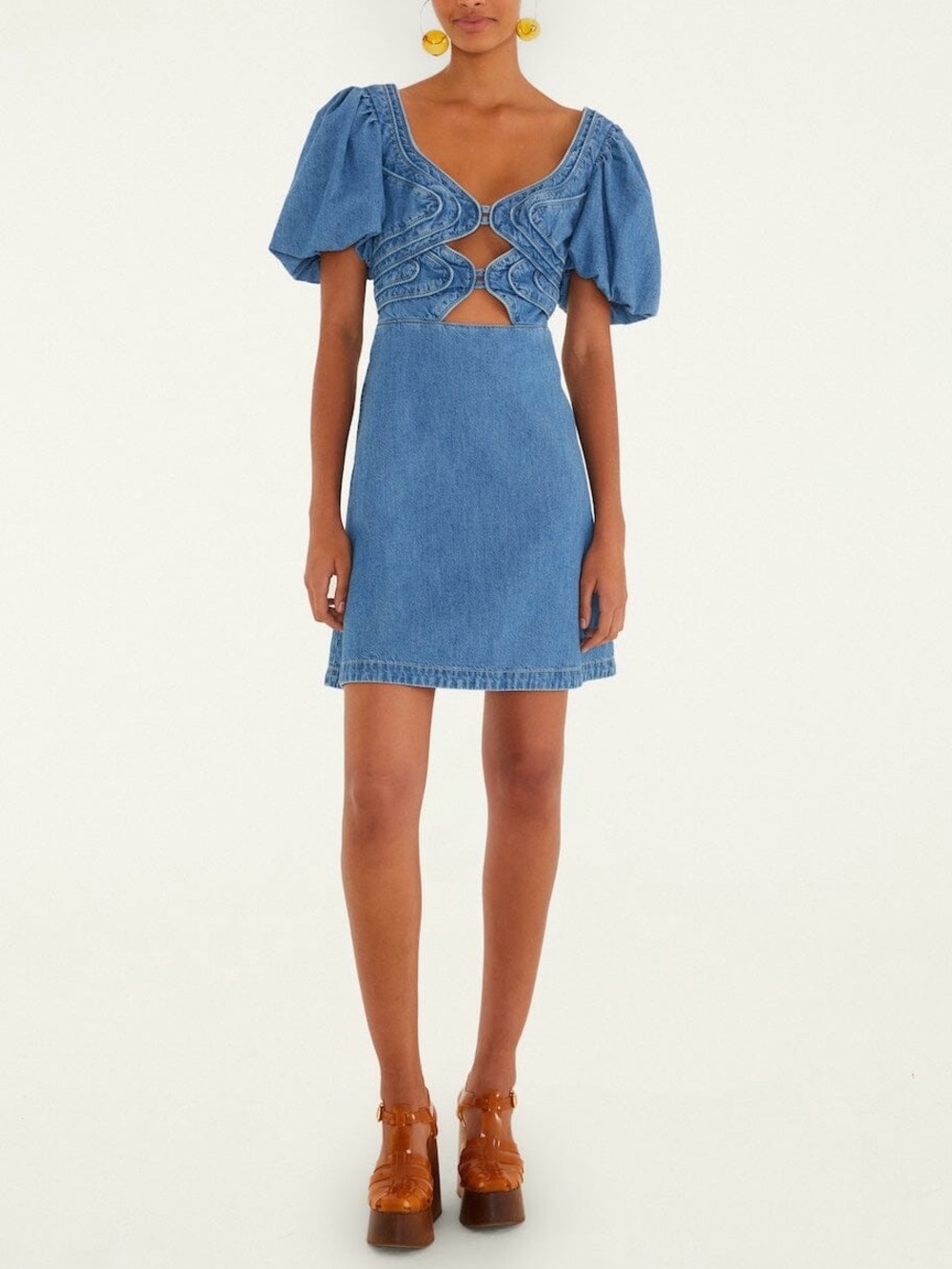 Farm Rio Blue Cutout Puff Sleeve Mini Dress M Denim Cotton Sweetheart